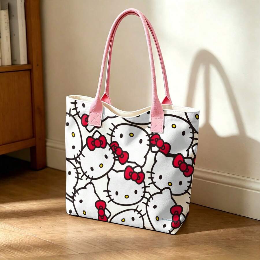 Miniso 三丽鸥Hello Kitty重叠脸印花帆布手提包,奶油色底单肩包,日常使用 - 粉色 - 查看 1