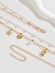 1pc Bohemian Ocean Holiday Style Faux Pearl, Small Fish, Shell, Starfish Pendant Multi-Layer Chain Waist Chain Jewelry Set, Suitable For Daily Wear, Gifts, Beach Vacation - Yellow Gold - View 2