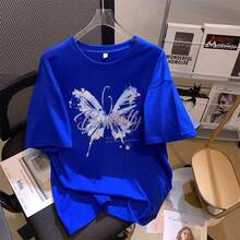 Camiseta con estampado de camisa casual para mujer, manga corta y cuello redondo, moda urbana local de primavera/verano camiseta unisex. 5JXJ - Azul - Ver 2
