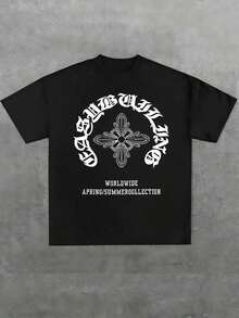 Camiseta de Verano Talla Grande con Estampado de Cruz Gótica, Estilo Urbano, 1 Pieza, 100% Algodón, Camiseta Casual para Hombre, Camiseta Gráfica Hip Hop de Cuello Redondo y Manga Corta, 220g, Ideal para Salir, Regalo Unisex - Negro - Ver 8