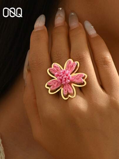 OOQ 1pc Vacation Style Five-Petal Rattan Flower Open Ring, Adjustable Size Portable Colorful Floral Ring For Women, Bridesmaid Gift, Friend Gift (Handmade Rattan Weaving, Random Shape)