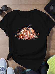 Camiseta deportiva de manga corta para mujer con ilustración de calabaza inspirada en la modauna camiseta estampada muy distintiva / estilo unisex / adecuada tanto para hombres como para mujeres / resistente a las arrugas / transpirable - Negro - Ver 1