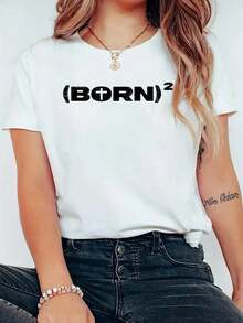 Christian T-Shirt - T-Shirt With Jesus Cross Print And Mathematical Calculation "Born Again Squared" - Casual Round Neck Short Sleeve T-Shirt, Comfortable For Spring And Summer, Women's Clothing - 白色 - 查看 1