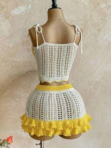 Conjunto de 2 piezas para mujer: Top de punto calado de color contrastante y falda mini con doble volante, adecuado para la playa, cruceros y festivales de música - amarillo ganso - Ver 9