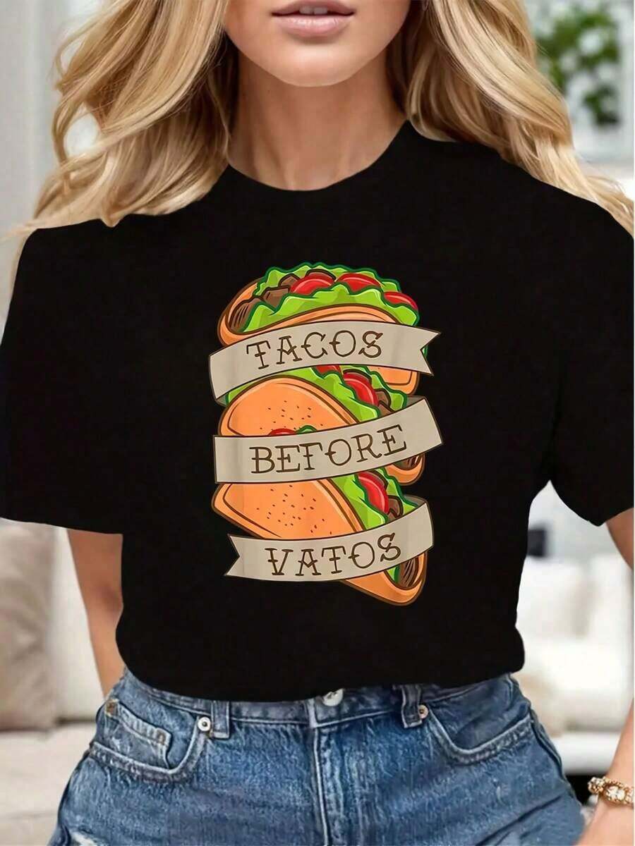 Women's T-Shirt With A "Tacos Before Vatos" Print Design, A Soft And Comfortable Casual T-Shirt For Women, The Perfect Gift For Taco Lovers, Ideal For Cinco De Mayo And Mexican Food Festivals. Perfect For Everyday Casual Wear. - 黑色 - 查看 1