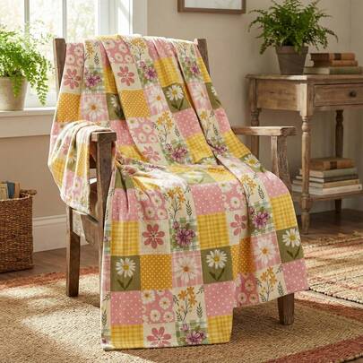 Spring & Summer Flannel Blanket, Buffalo Plaid Patchwork Style Polka Dot Daisy, Soft Fluffy Comfortable Wool Blanket, Suitable For Sofa Bed Resting, An Ideal Gift For Family And Yourself