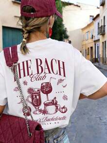 Camiseta de manga corta con estampado de letras de Single Party Cocktail para mujer, estilo vintage americano de verano, cuello redondo holgado, informal y versátil, color blanco - alta calidad - Blanco - Ver 3