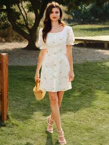 Vestido elegante y clásico vintage con bordado floral, vestido ajustado de primavera/verano con cuello cuadrado, botones de perla, manga corta, volante en el bajo, vestido blanco mini - Amarillo - Ver 4