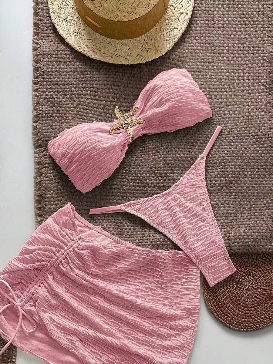 New And Sexy Solid Color Three-Piece Swimsuit For Women, With Starfish Design, Ideal For Hot Spring Vacations. - Pink - View 1