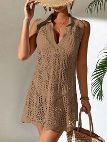 Cubre vestido de punto calado de unicolor para mujer, para el verano - Marrón - Ver 3
