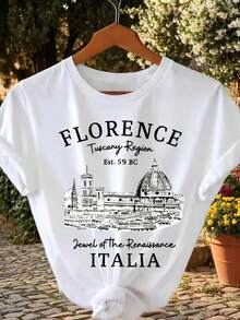 1 camiseta de mujer de cuello redondo con estampado de flores, manga corta, 180g, 100% algodón. - Blanco - Ver 2