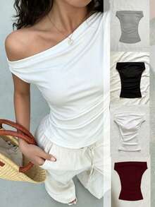 Paquete de 4 piezas ,Camiseta de mujer con diseño asimétrico de hombro, rayas texturizadas, cintura estilizadora y hombro asimétrico sexy. Estilo dulce de vacaciones. Perfecta para el verano. - Multicolor - Ver 1