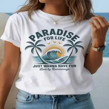1 pieza clásica y versátil, camiseta de manga corta de algodón puro con dise?o estampado de palmera tropical y ondulación, ideal para usar en todas las estaciones. Estilo moderno - Blanco - Ver 2