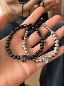 1pc Luxury Stainless Steel Leopard Decor Braided Rope Bracelet, Suitable For Daily Wear, Can Be Given As A Gift To Boyfriend, Friend, Birthday Party (Bead Quantity Randomly Matched Combination) - Leopard Bracelet - View 4