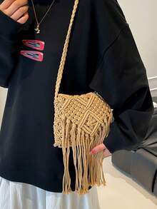Bolso bandolera tejido bohemio de color sólido, bolso cuadrado pequeño tejido a la moda, adecuado para vacaciones en la playa, compras urbanas, elección perfecta para vacaciones en la playa, - Caqui 3 - Ver 8