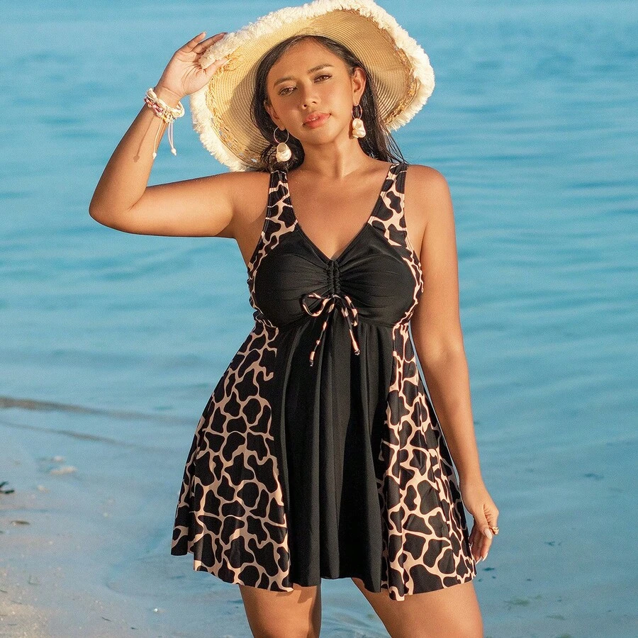 New Conservative Two-Piece Swimsuit For Plus-Size Women - New Leopard Print Pattern - View 1