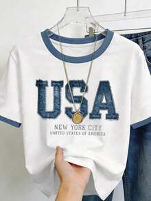 Nueva Colección 2026  Camiseta Casual de Manga Corta para Mujer en Azul Claro con Estampado de Corazón "One Day At A Time" - Poliéster Suave, Cuello Redondo, Lavable a Máquina, Esencial para la Moda Primavera/Verano, Camiseta para Uso Diario |   Camiseta de cuello redondo - Blanco - Ver 1