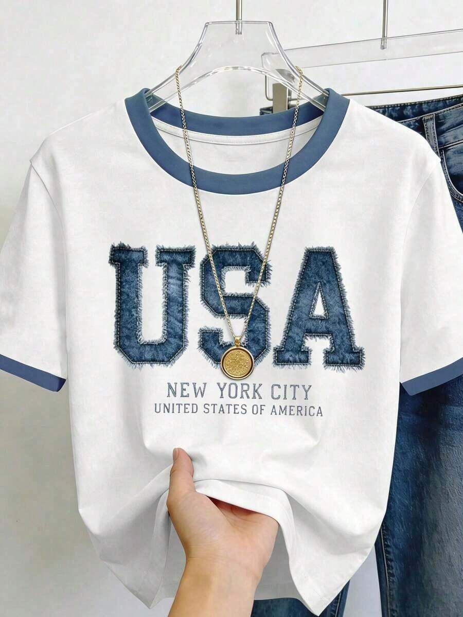 Nueva Colección 2026 Camiseta Casual de Manga Corta para Mujer en Azul Claro con Estampado de Corazón "One Day At A Time" - Poliéster Suave, Cuello Redondo, Lavable a Máquina, Esencial para la Moda Primavera/Verano, Camiseta para Uso Diario | Camiseta de cuello redondo - Blanco - Ver 1
