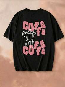Nueva Camiseta de Verano Simple y a la Moda con Estampado de Gesto de Mano con Taza de Café, Cuello Redondo y Manga Corta, Estilo Casual, Versátil y a la Moda para Mujer - Negro - Ver 2