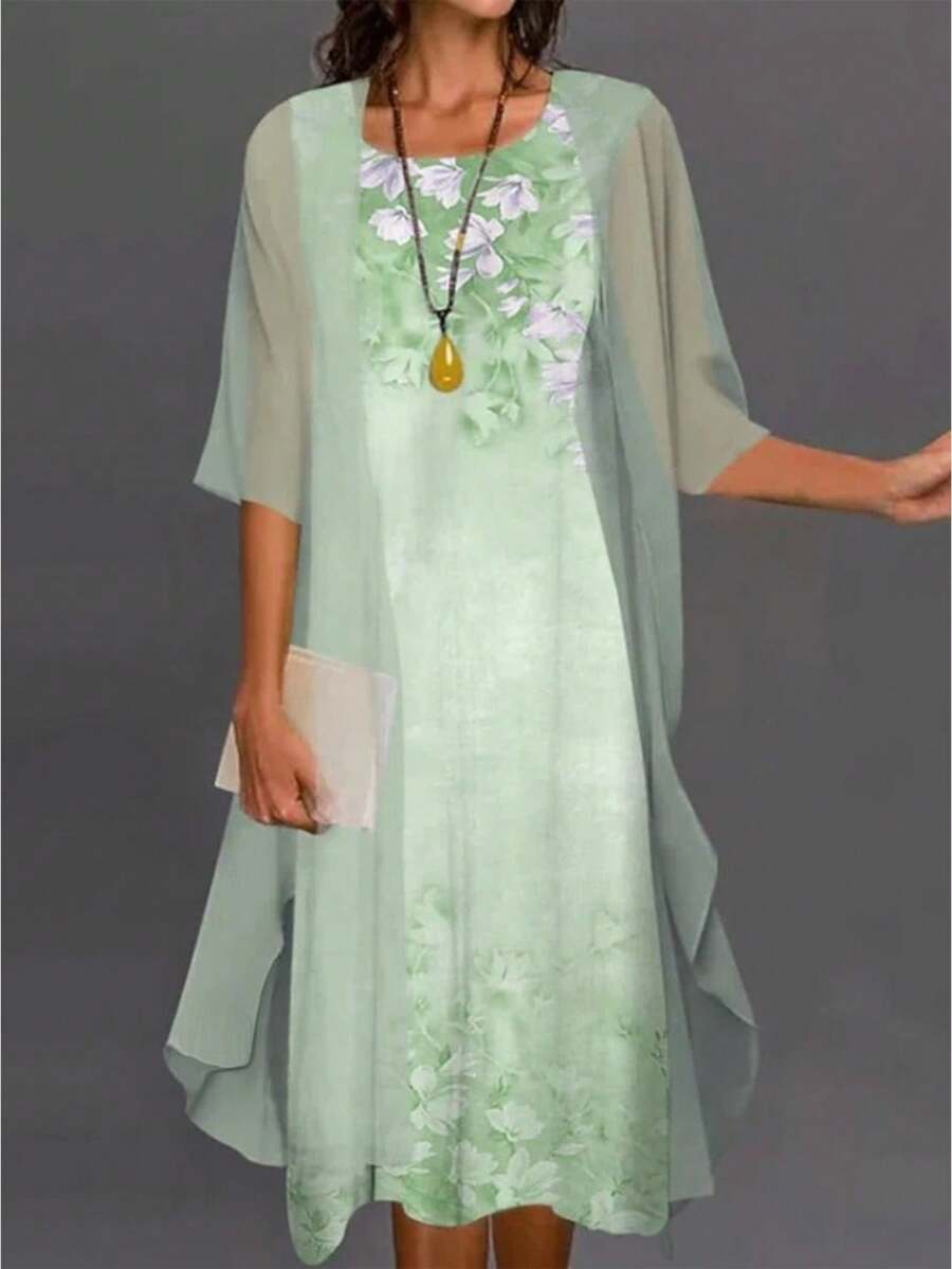 Women's Lilac Floral Print Dress, Two-Piece Set With A Sheer Cardigan Featuring Three-Quarter Sleeves, Round Neck, Loose-Fitting, Flowing Silhouette In Lightweight Fabric Ideal For Spring And Summer, Elegant Boho Style Perfect For Casual Events, Family Gatherings And Vacations - 綠色 - 查看 1