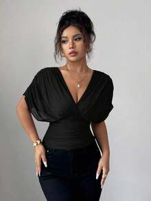 Camiseta con manga de hombro fruncida, elástica, de tela con forro de malla elegante para vacaciones, playa y uso casual, de estilo romántico francés, con dobladillo con volantes, adecuada para uso al aire libre y para el día a día, para primavera/verano - Negro - Ver 4