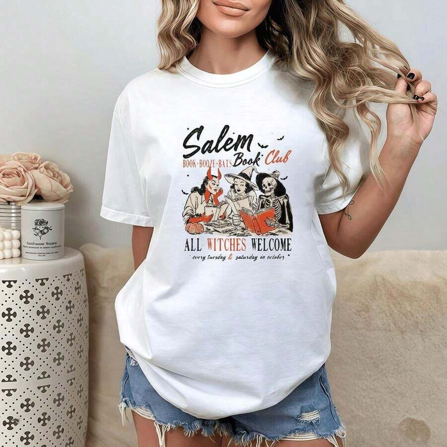 Camiseta Gráfica de Halloween para Mujer, con Eslogan, Suave, a y Cómoda, Negra, Estilo Urbano Vintage, Unisex, de Algodón, Manga Corta, Cuello Redondo - Blanco - Ver 1