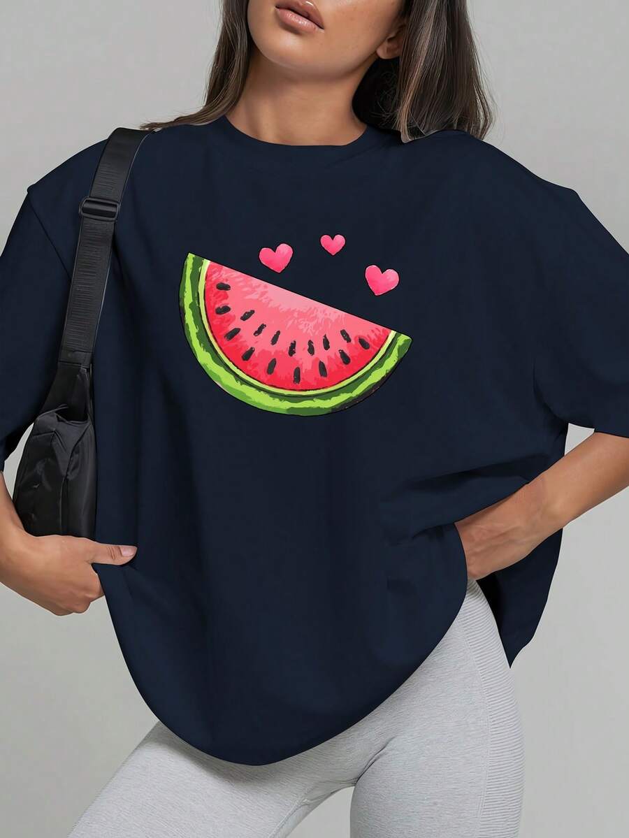 Tallas Grandes, Camisetas Estampadas de Sandía para Mujer de Tallas Grandes, Tops Casuales de Manga Corta con Cuello Redondo para Primavera y Verano, Ropa de Tallas Grandes para Mujer, Ropa de Moda - azul real - Ver 1