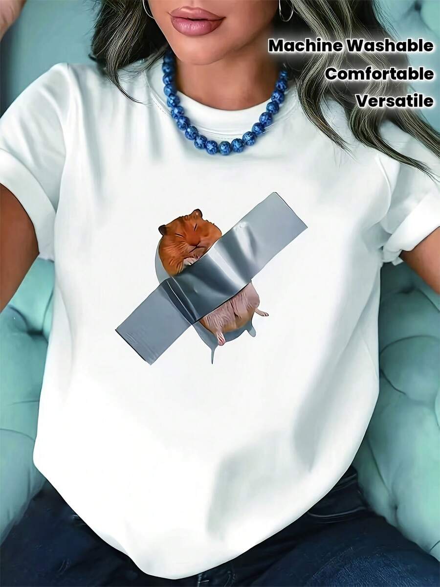 Talla grande, camiseta de talla grande con estampado de un divertido hámster asegurado con cinta plateada, camiseta gráfica blanca de manga corta y cuello redondo.Lavable a máquina, estilo casual, ajuste cómodo, diseño moderno, versátil para uso diario, tela suave. - Blanco - Ver 1