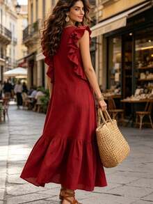 Vestido sin mangas informal de color liso con volantes irregulares para mujer - Rojo - Ver 3