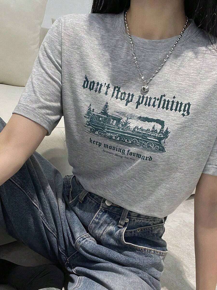 Camiseta de manga corta de corte holgado para mujer con estampado de eslogan y cuello redondo para el verano, camisetas gráficas, ropa de vuelta al colegio - Gris - Ver 1