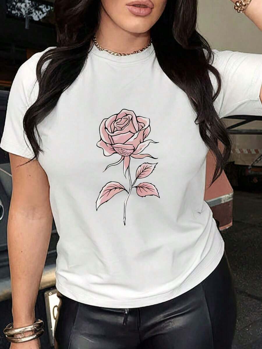 Camisetas Básicas de Tallas Grandes para Mujer - Camisetas Casuales de Manga Corta, Prendas Esenciales Ligeras para el Verano, Camiseta Casual de Manga Corta para Mujer, Estampado Geométrico Rosa - Top Suave de Cuello Redondo, Lavable a Máquina, Corte Regular, Camiseta Cómoda Adecuada para Todas las Temporadas, Transpirable y Confortable. - Blanco - Ver 1