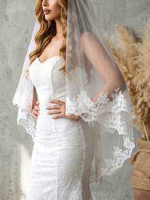1pc White Lace Short Double-Layer Fingertip Length Wedding Veil With Metal Hair Comb - Multicolor - View 4