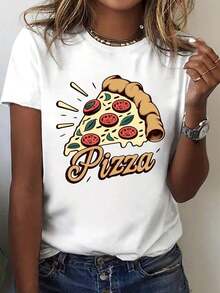 Camiseta Holgada Sencilla Mujer Estilo Moderno Una camiseta retro con estampado de pizza, de manga corta y cuello redondo, casual y adecuada para primavera y verano, diseñada para mujeres.ropa mujer Camiseta Mujer Estampado Gráfico  Verano 2026 - Blanco - Ver 7