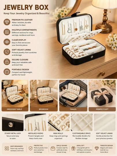 1pc Minimalist Jewelry Box, Large Capacity Jewelry Storage Box, Compact Travel Jewelry Organizer, Leather Jewelry Case For Rings, Earrings, Necklaces, Suitable For Engagement, Wedding, Watch Storage