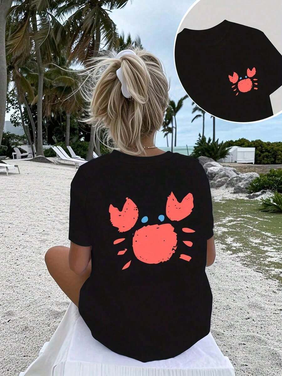 Under The Radar Girls' Casual Crew Neck Short Sleeve T-Shirt With Front And Back Cartoon Crab Print, Fashionable And Stylish For Girls - Vintage Street Style Unisex Loose Cotton Short Sleeve Crew Neck T-Shirt - 黑色 - 查看 1