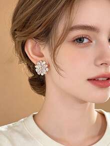 1 Pair Fashionable Luxury Delicate Glass Flower Design Elegant Earrings, Suitable For Parties, Banquets, Gatherings, Suitable For Teenagers - Gold - View 5