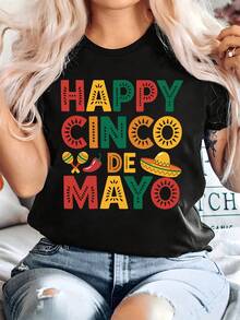 Camiseta de algodón puro HAPPYCINCODEMAYO, decorada con elementos folclóricos mexicanos para el Festival del 5 de mayo, con estampado de letras, talla grande, de manga corta para mujer, 0XL8XL. Moderna, casual, versátil, cómoda, recomendada para el uso diario. Sencilla y elegante, adecuada para los atuendos diarios de las mujeres. - Negro - Ver 7