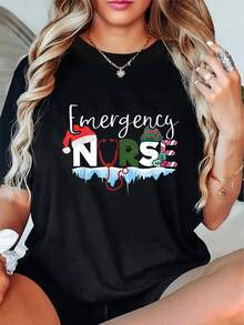 Talla grande - Camiseta casual de cuello redondo para mujer - Camiseta 100% transpirable con elasticidad media, con motivos navideños de enfermera de emergencia, símbolos festivos y comodidad para todas las estaciones, lavable a máquina, regalo navideño, blusa de enfermera, blusas de algodón para mujer, blusas negras para mujer. - Negro - Ver 7