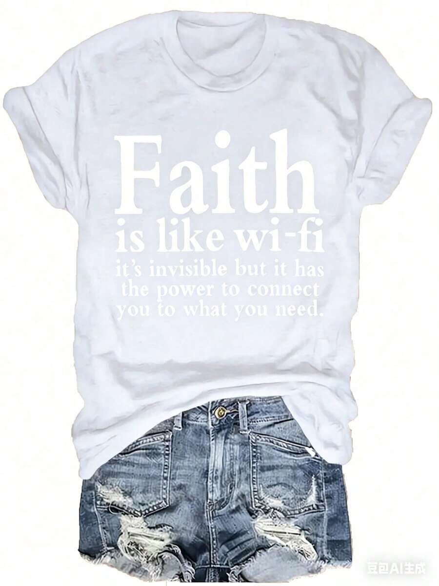 Crew Neck T-Shirt, 1 Piece, Women's T-Shirt, Casual, With "Faith Like Wi-Fi" Print, 100% Cotton, Short Sleeve, Crew Neck, Regular Fit T-Shirt For All Seasons, More Colors, Christian Clothing, Jesus Sweatshirt, Faith T-Shirt, Christmas Christian Faith T-Shirt. - 白色 - 查看 1