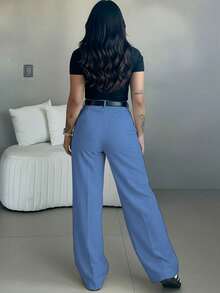 Pantalones anchos de cintura alta y ajuste delgado en verde pavo real| Estilo callejero bohemio| Adecuado para uso casual, ir al trabajo y vacaciones en primavera/verano - Azul cielo 2 - Ver 2