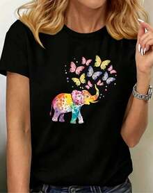 NewSummerCasual Women's Casual T-Shirt With Colorful Elephant And Butterfly Print, Graphic Tees, Tops For Women - Vintage Street Style Unisex Loose Cotton Short Sleeve Crew Neck T-Shirt - 黑色 - 查看 6