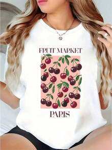 Camiseta Casual de Mujer con Estampado de Cerezas - 200 g/m², Cuello Redondo, Manga Corta, con Estampado Francés Rosa y Rojo, Prenda Casual para Todas las Temporadas, Lavable, Enviada desde Almacén Local, Pieza Versátil para Combinar, Talla L, Camiseta de Algodón Puro de Alta Calidad con Estampado Minimalista, Tela Suave y Transpirable, Cómoda y Holgada, Adecuada para Uso Diario, Ideal para Vestimenta Casual de Oficina, Apariencia Diaria de Primavera y Verano, Diseño Elegante y Juvenil. - Blanco - Ver 7