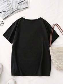 1 pieza Camiseta Oversize con Estampado de Fresas - Corte Holgado Cuello Redondo Manga Corta Adecuada para Todas las Estaciones, Ropa Casual y Deportiva, Blusa Lavable a Máquina de 180g 100% Algodón Suave100% Cotton - Negro - Ver 2