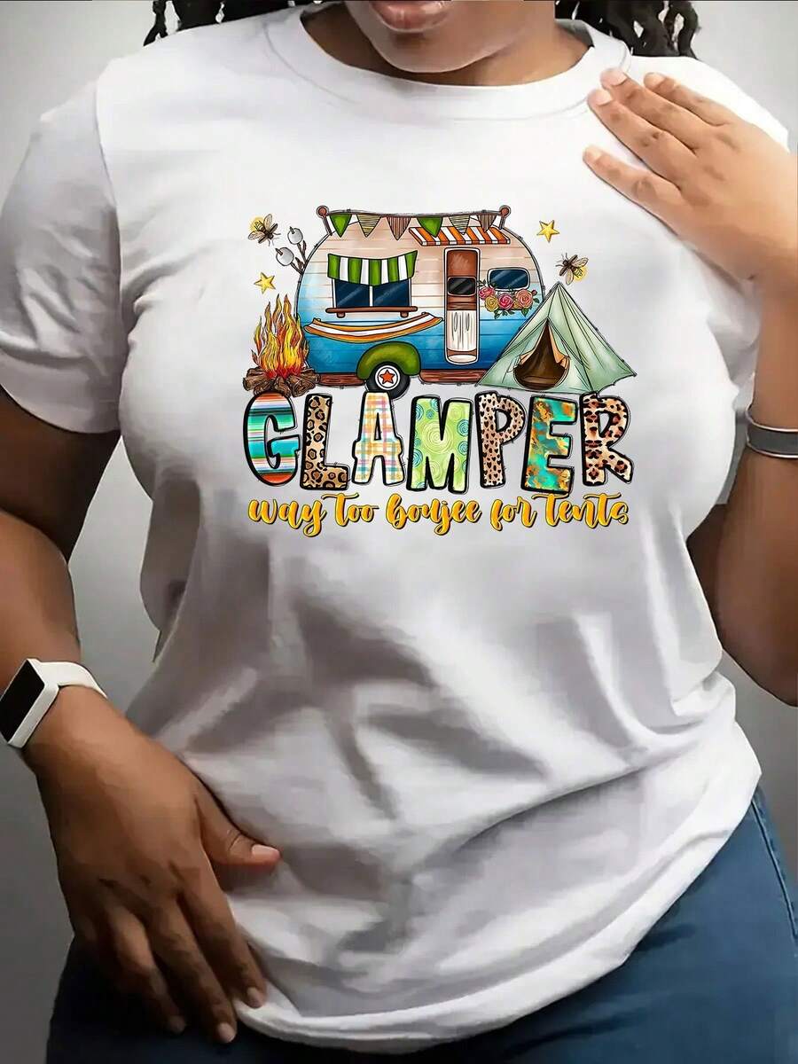 Camiseta de Mujer Color Rosa Macaron con Estampado de Camping - Camiseta suave, elástica y cómoda de cuello redondo con diseño geométrico, top informal para actividades al aire libre, adecuada para viajes por carretera, glamping y uso casual, ropa de camping, ropa de viaje, diseño divertido, tela elástica. - Blanco - Ver 1