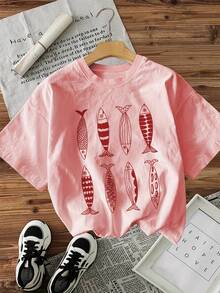 Limited Edition Women's Casual T-Shirt With Unique Fish Print Design - Short Sleeve, Round Neck, Lightweight And Breathable, Perfect For Summer And Spring, White With Red Fish Illustrations, Lightweight Cotton - trắng - Xem 9