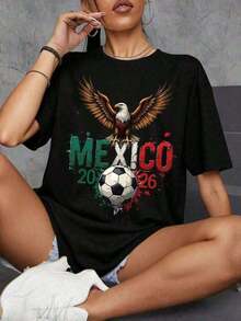 Break The System Mexico 2026 Eagle Print T-Shirt, World Cup Theme, Loose Fit, Short Sleeves, Casual Sporty Style. New Stylish T-Shirt, Ideal For Summer. Crew Neck, Loose Fit. World Cup T-Shirt. Cool Summer T-Shirt, Unisex Style. - 黑色 - 查看 2