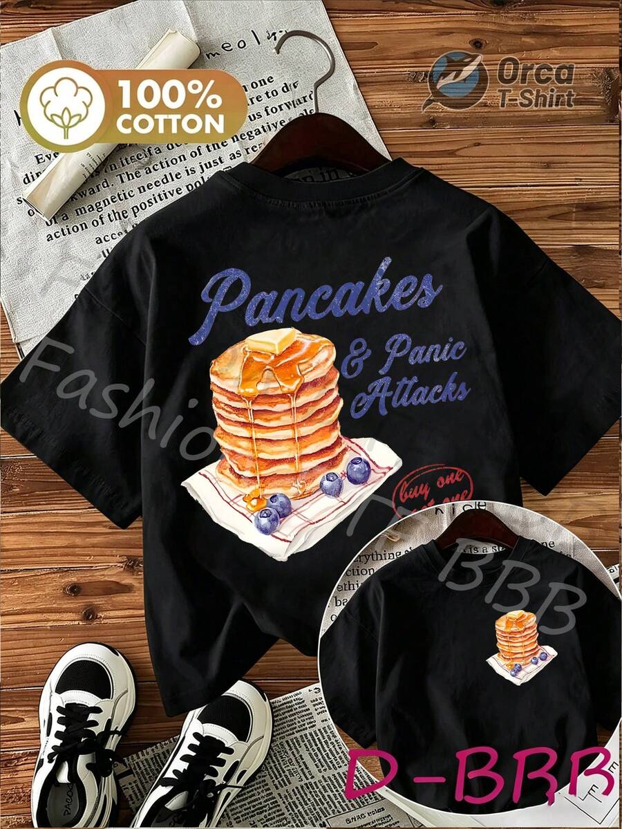 Camiseta de manga corta de algodón puro para mujer, estilo vintage y lindo, cuello redondo, estampado de doble cara con el divertido eslogan "Muffins and Anxiety", ideal para vacaciones de verano, primavera/verano, estilo casual y fresco. - Negro - Ver 1