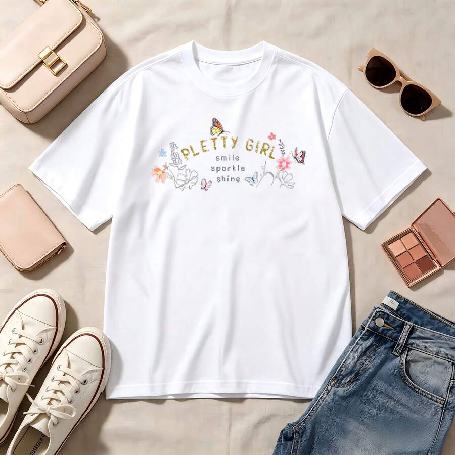 Kawaii, Pretty Girl, 100% Cotton, Oversized, Soft Breathable, Casual Crewneck, Short Sleeve Top, Spring Vibes, Aesthetic, Summer, Romantic - Blanco - Ver 1