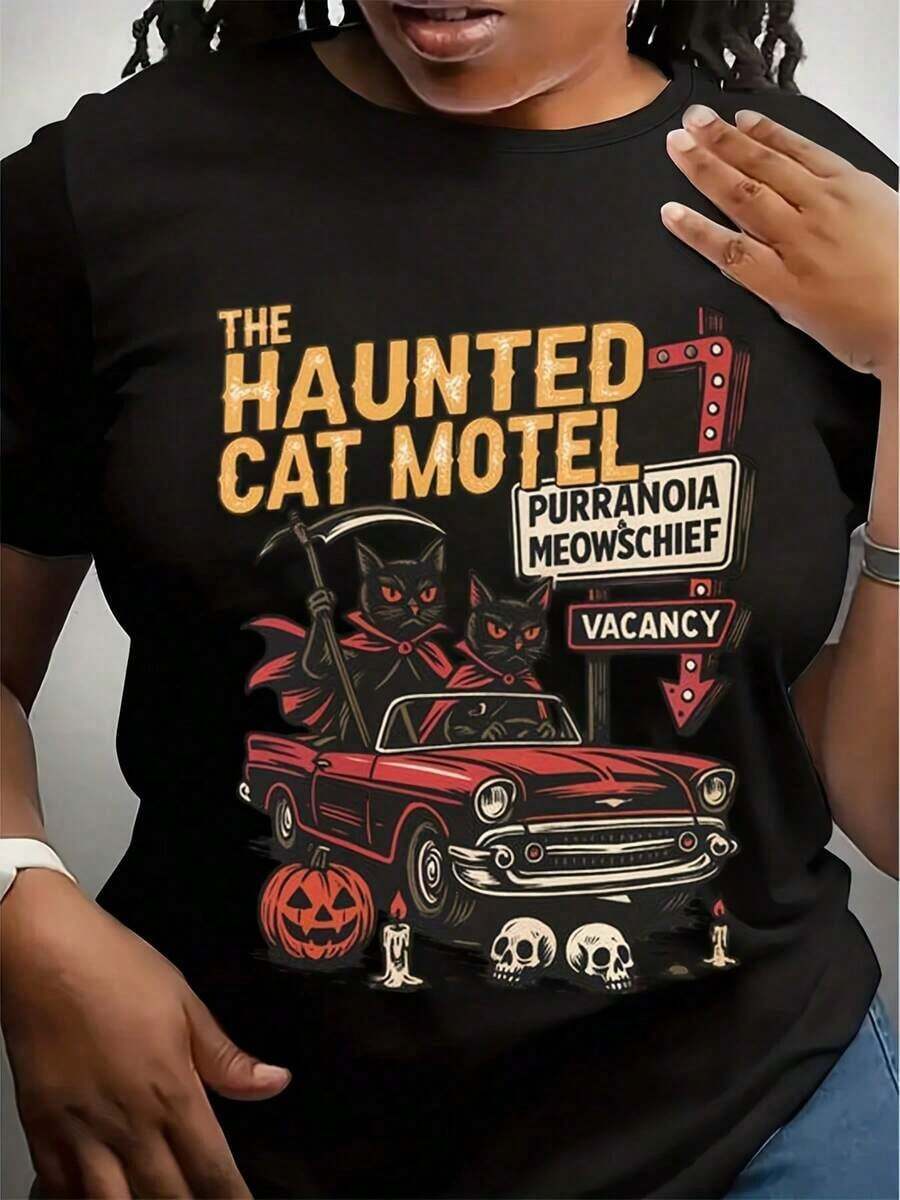 Camiseta de Halloween con diseño de gato, Camiseta de Halloween, Temporada de terror, Camiseta de Halloween, Temporada de terror retro, Camiseta de cuello redondo de Halloween - Negro - Ver 1