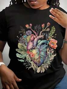 Camiseta de Mujer con Estampado Floral de Corazones, Cuello Redondo Casual, Tejido de Punto, Diseño de Plantas para Todas las Temporadas, Regalo para Ella - Negro - Ver 6